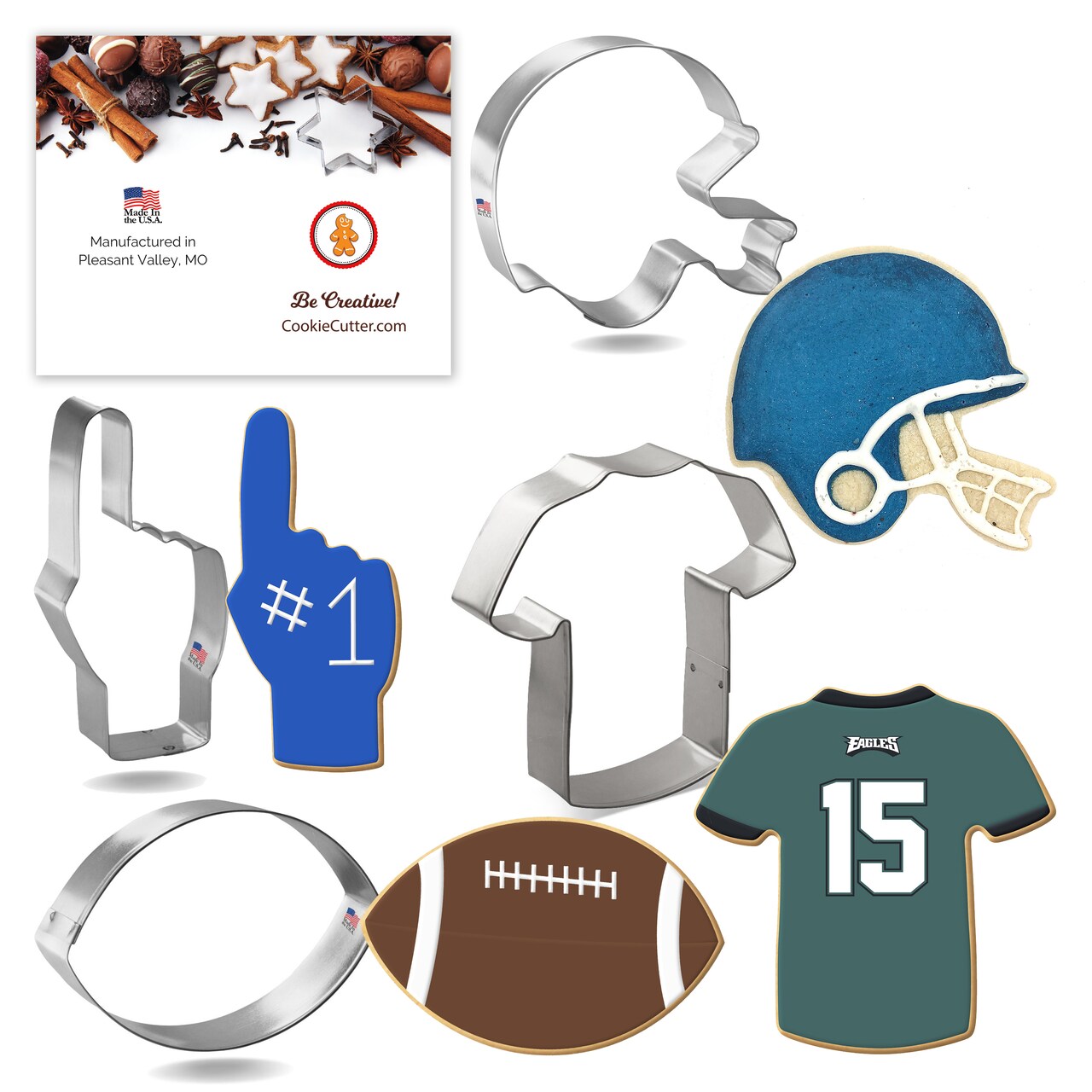 CookieCutter.com 4 Piece Football Cookie Cutter Set Helmet, Football, Sports Jersey T Shirt, Foam Finger, Metal Shapes Made in USA, Silver